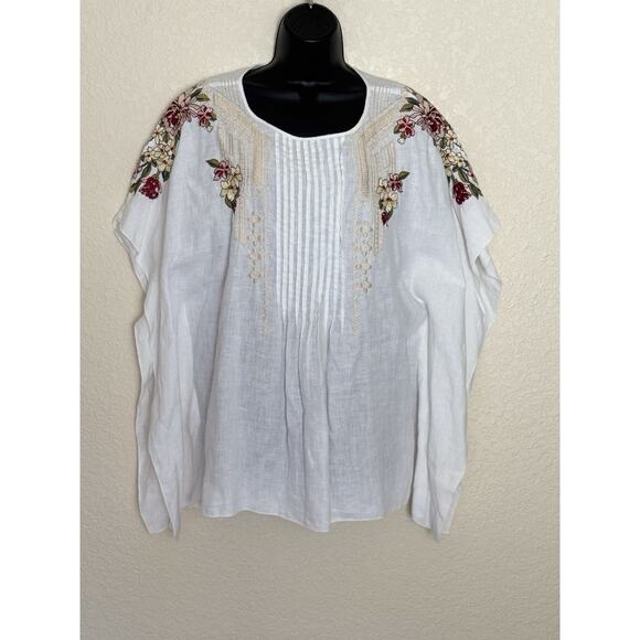 Johnny Was JW Los Angeles Linen Poncho Moji Top Embroidered White Resortwear, L - Picture 2 of 14